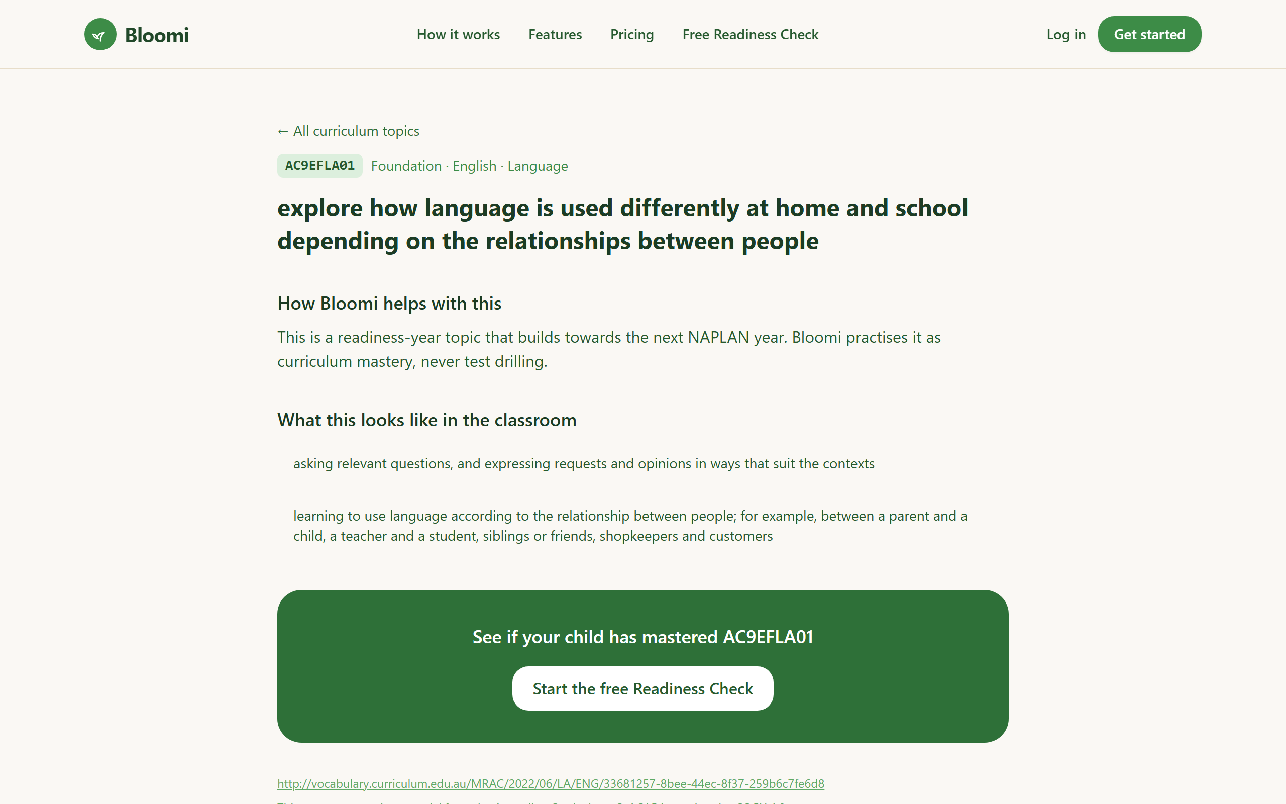 A Bloomi curriculum concept page explaining AC9EFLA01