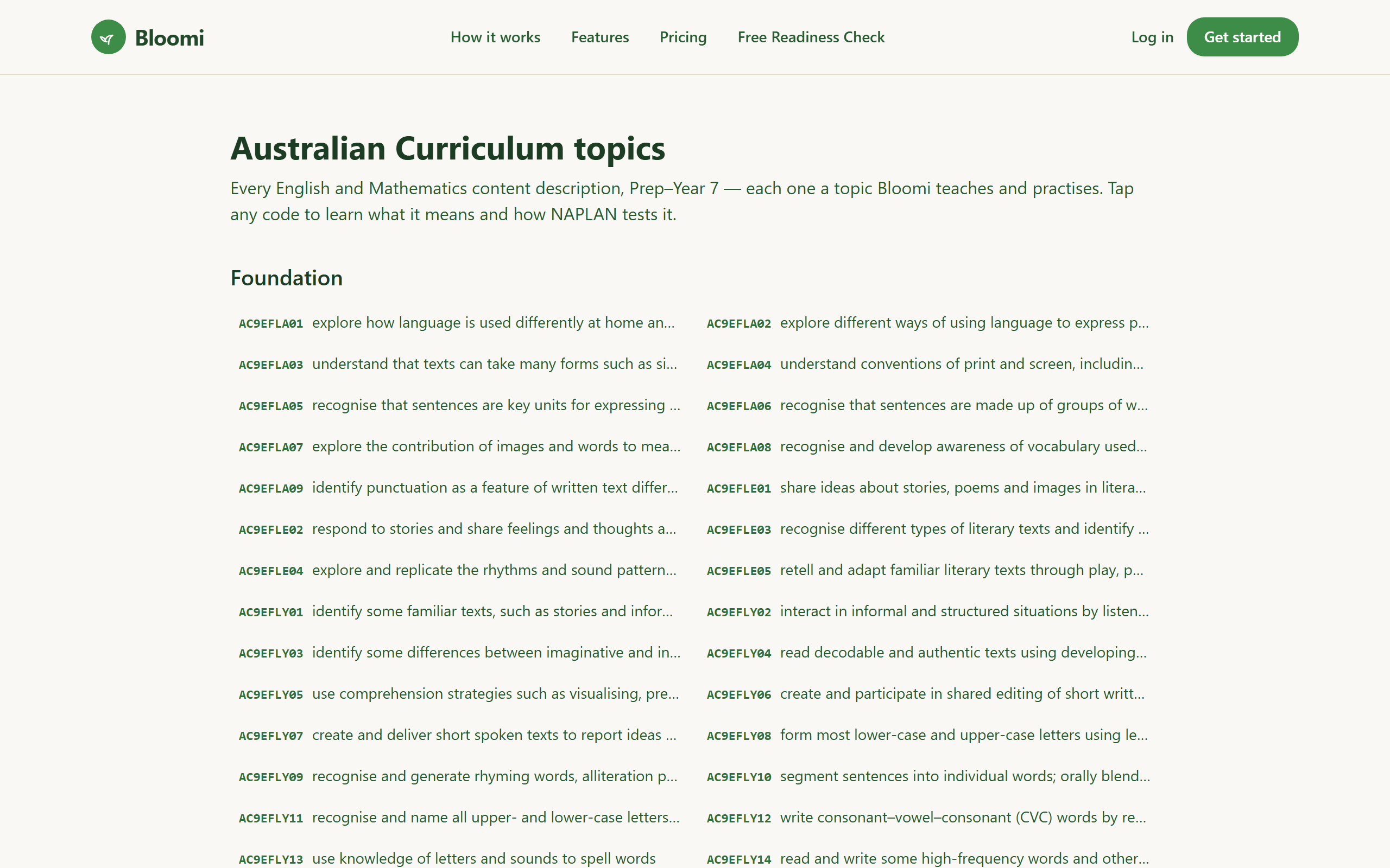 Bloomi's Australian Curriculum topic browser with AC9 codes