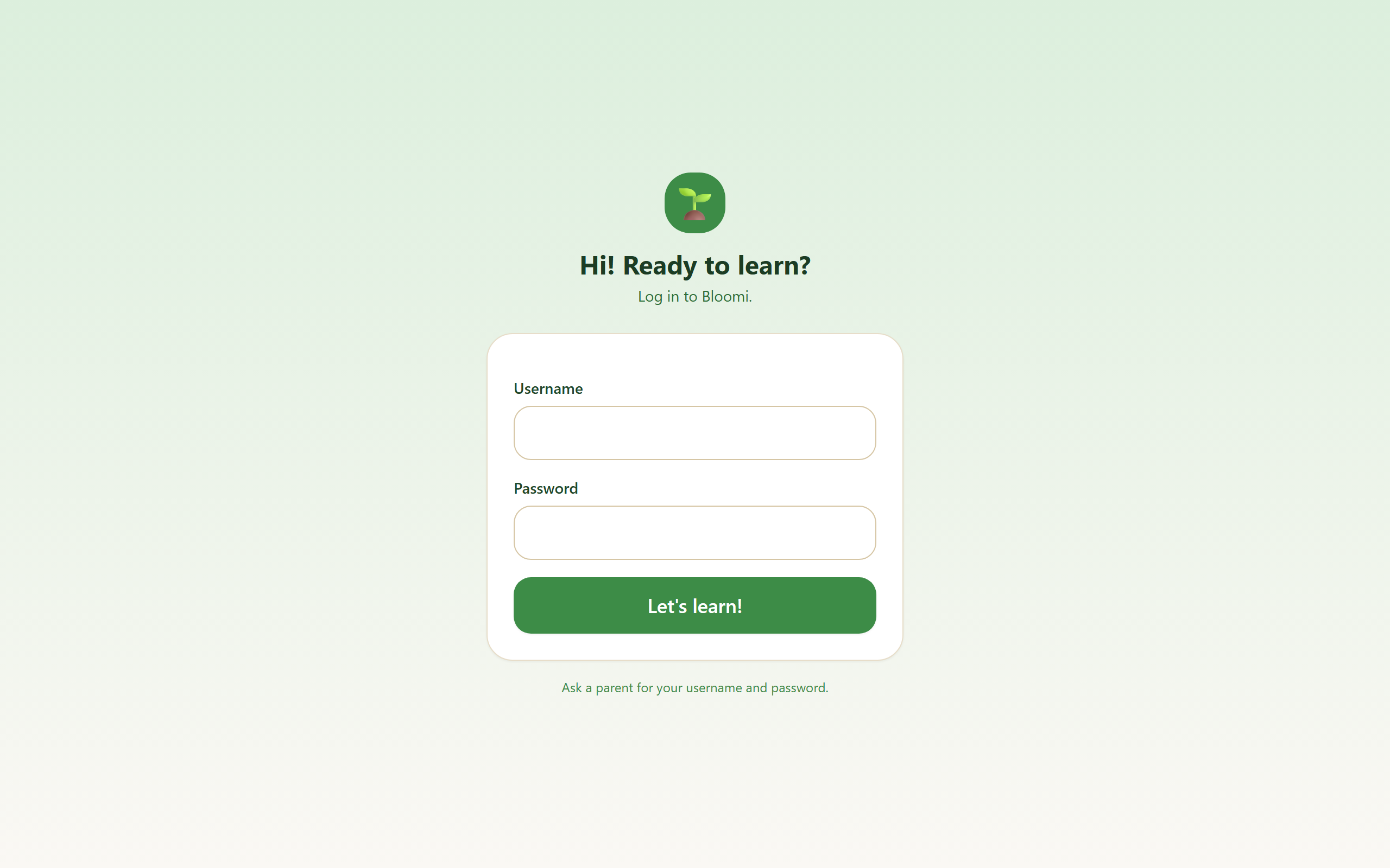 Bloomi's child login screen