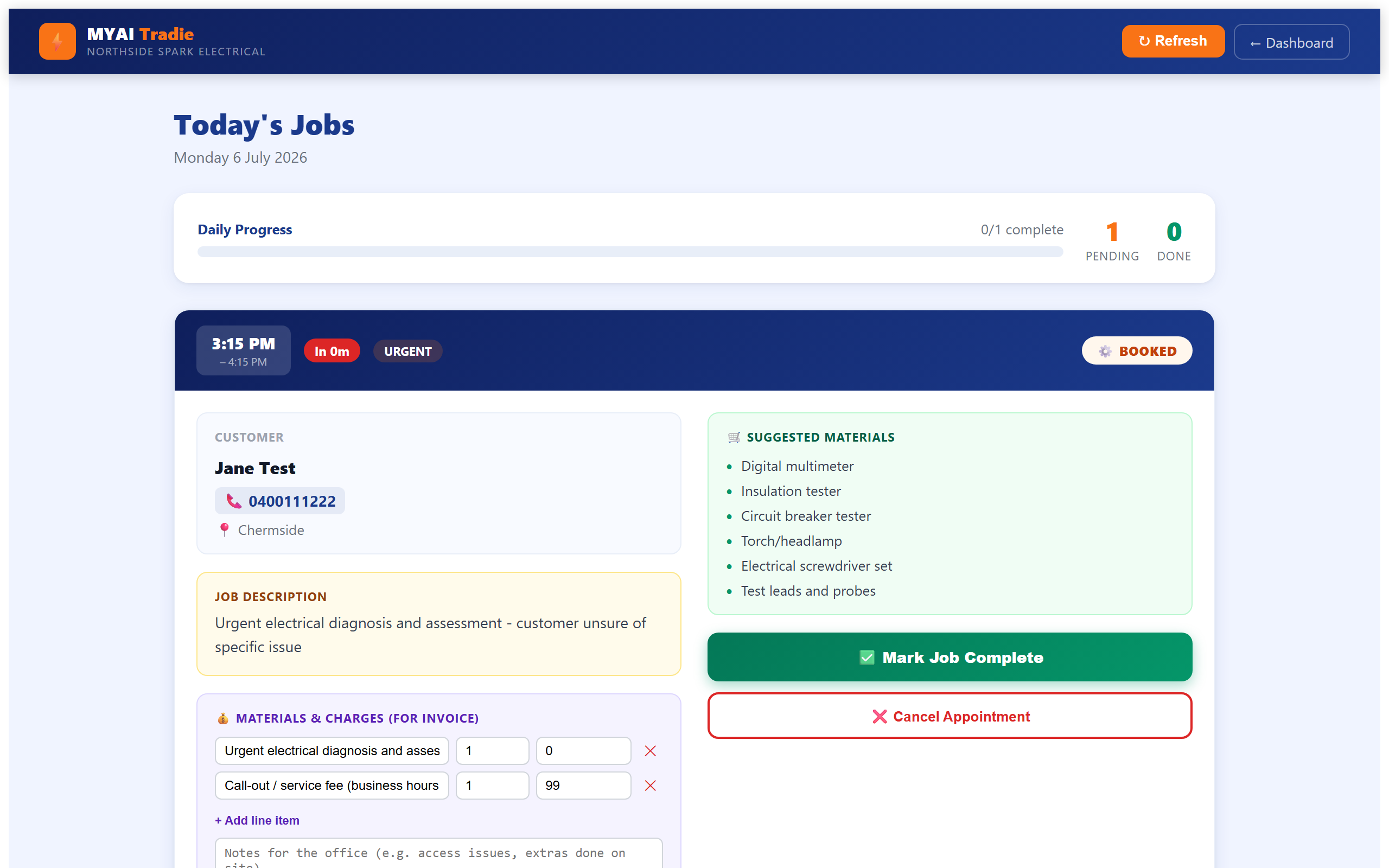 Sparky today's jobs run sheet
