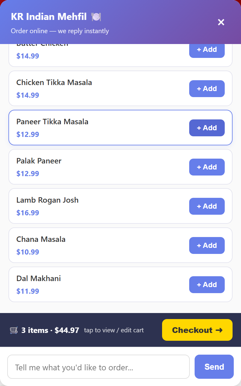 The live Restaurant AI chat with real menu cards, cart, and checkout button