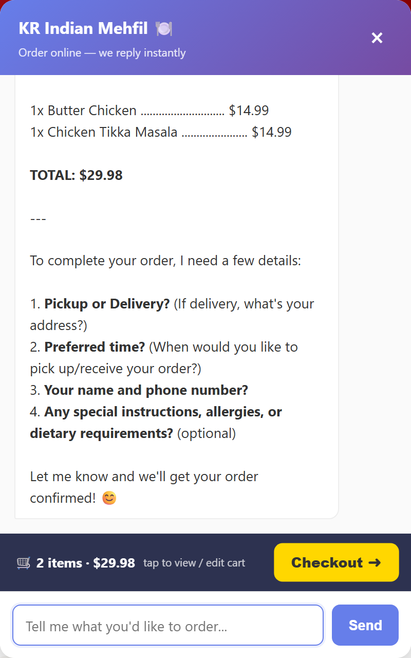 Restaurant AI presenting a verified itemised invoice at checkout