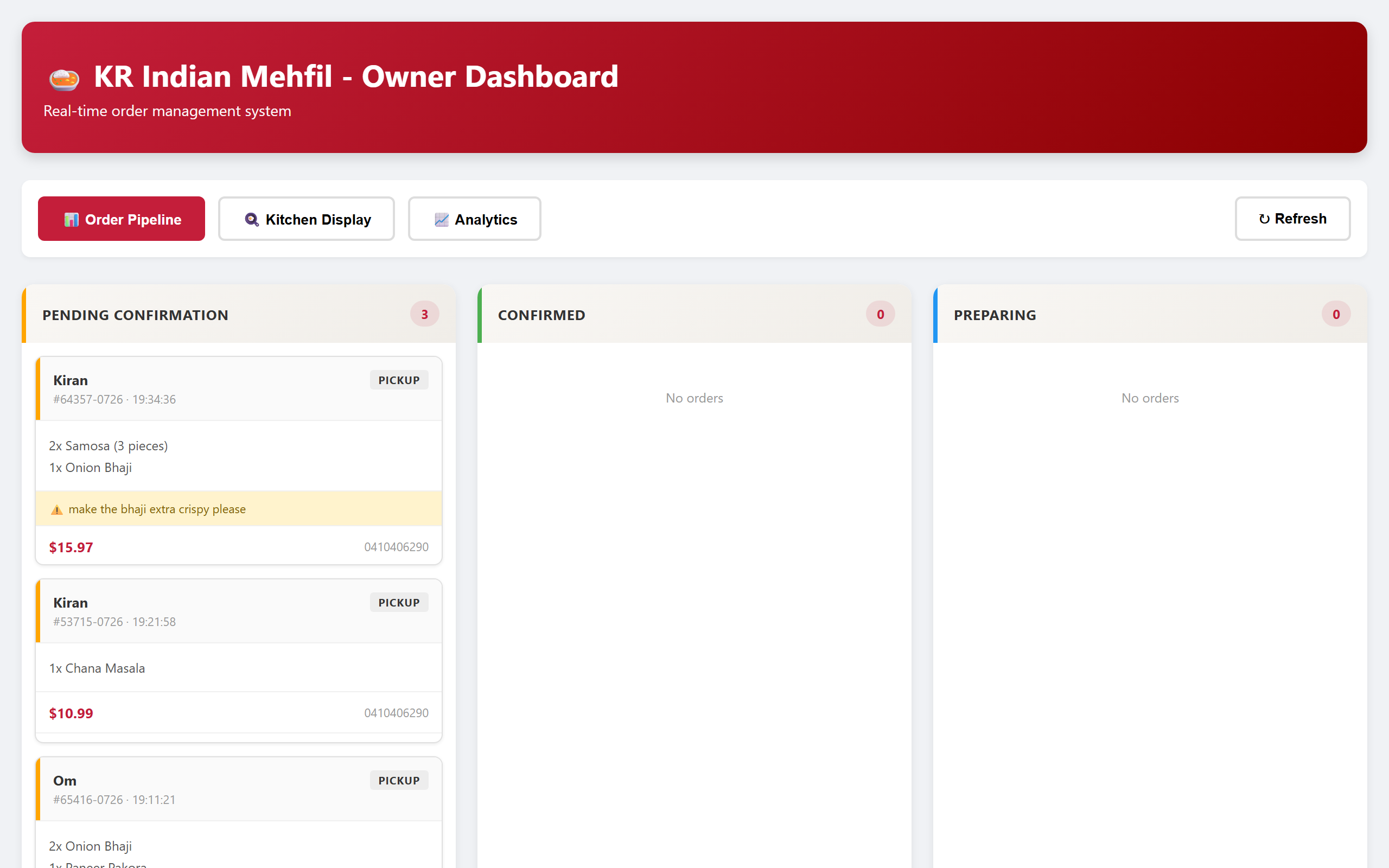 The real KR Indian Mehfil owner dashboard order pipeline
